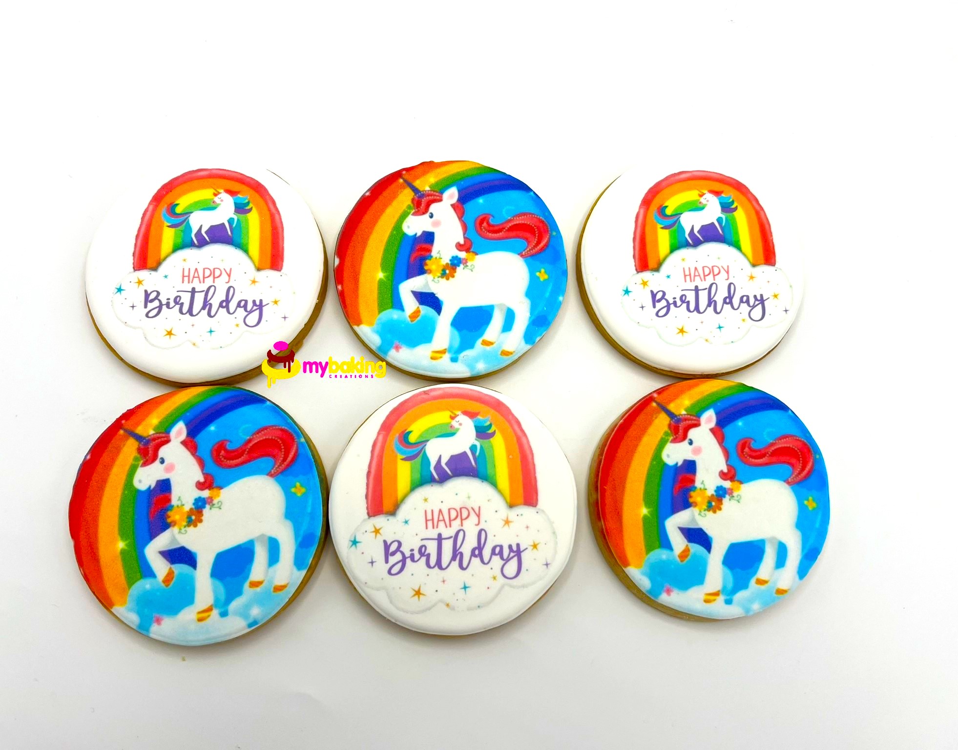 Custom printed rainbow unicorn cookies San Francisco bakery